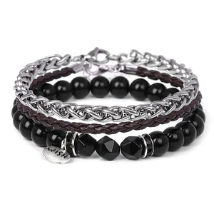 Vintage Natural Stone Beaded Bracelets Men Stainless Steel Leather Chain Bangle