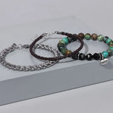 Vintage Natural Stone Beaded Bracelets Men Stainless Steel Leather Chain Bangle