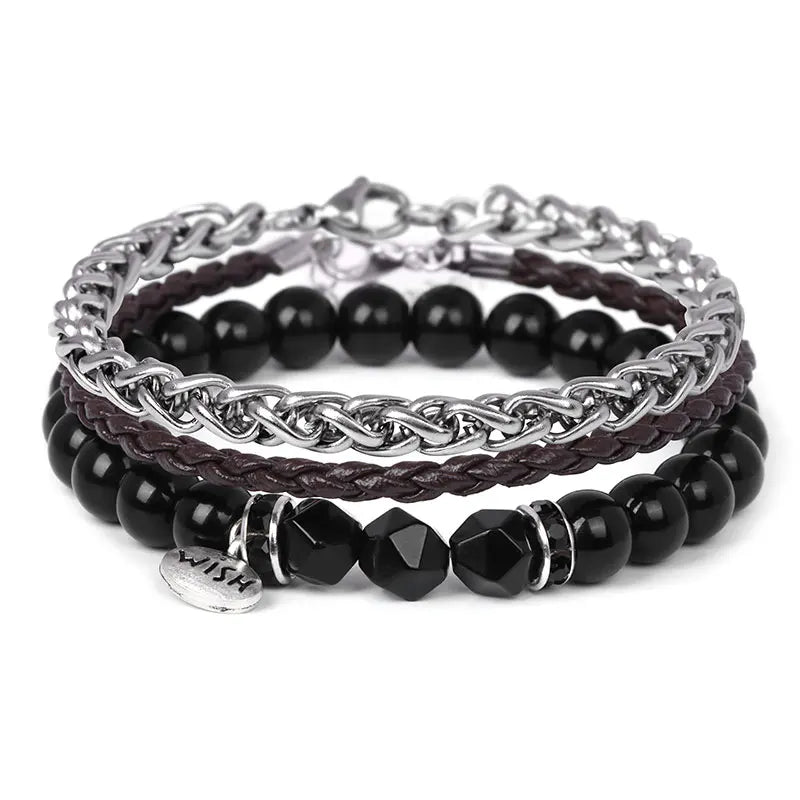 Vintage Natural Stone Beaded Bracelets Men Stainless Steel Leather Chain Bangle