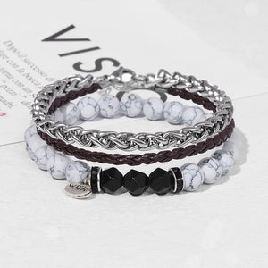 Vintage Natural Stone Beaded Bracelets Men Stainless Steel Leather Chain Bangle
