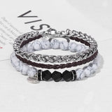 Vintage Natural Stone Beaded Bracelets Men Stainless Steel Leather Chain Bangle