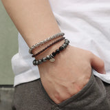 Vintage Natural Stone Beaded Bracelets Men Stainless Steel Leather Chain Bangle