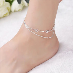 Multilayer Silver Anklet Chain with Ball Pendant for Women