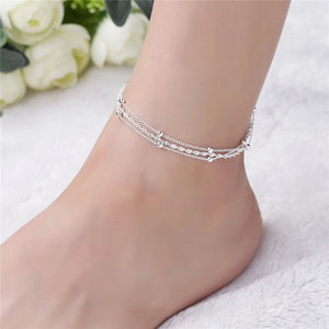 Multilayer Silver Anklet Chain with Ball Pendant for Women
