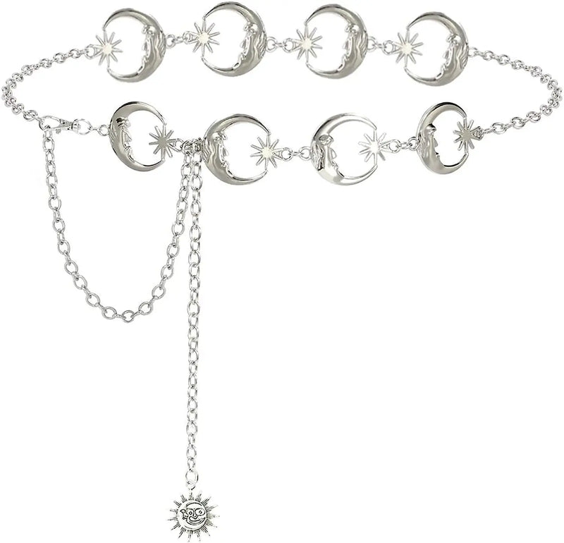 Punk Gothic Moon Sun Pendant High Waist Chain Metal Belts for Women