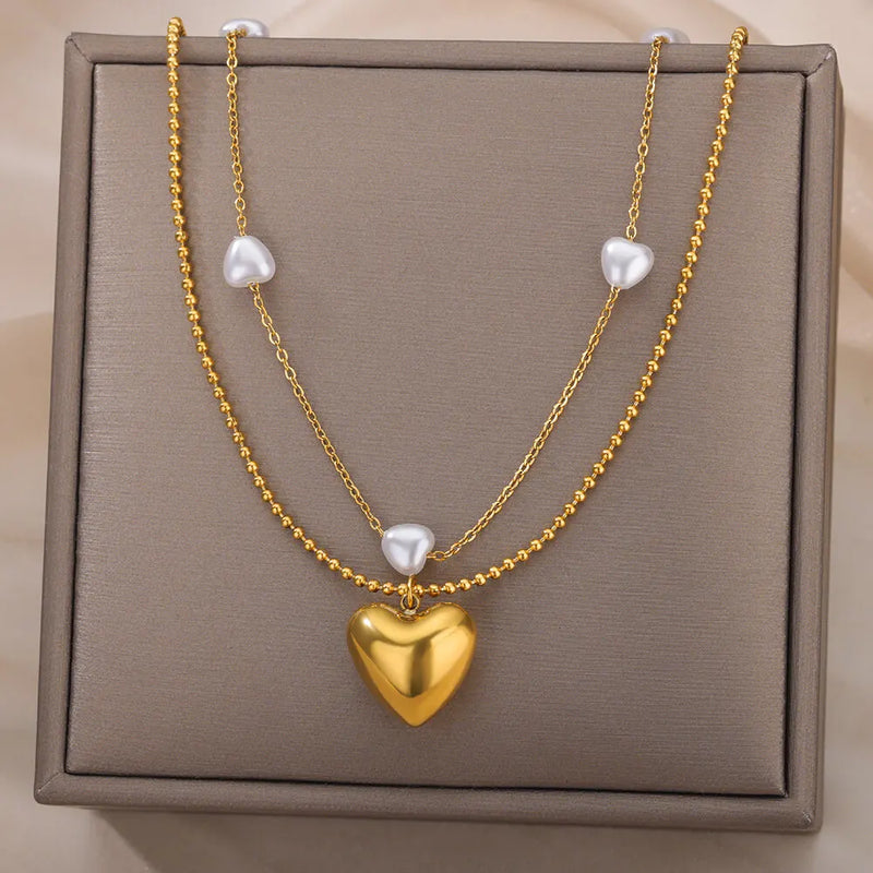 Simulated Pearl Heart Necklace Stainless Steel Chain Wedding Jewelry