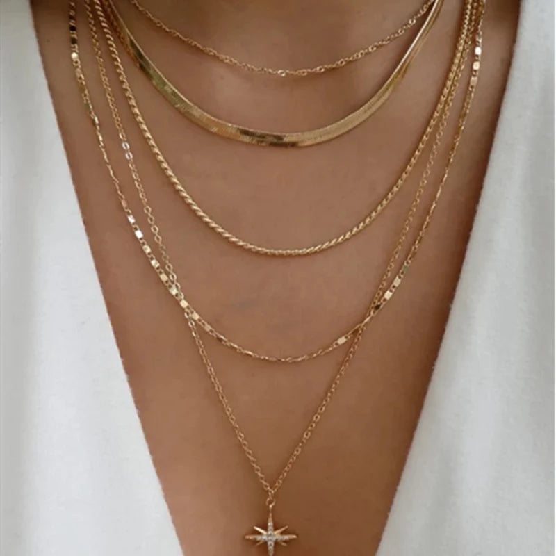Crystal Star Pendant Necklace, Multilayer Snake Chain, Women's Jewelry N0308