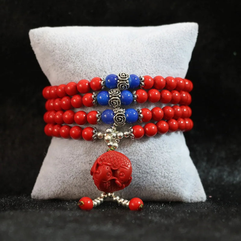 Red Cinnabar 6mm Beads Bracelet with Fish Pendant DIY B797