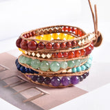 Leather Wrap Bracelet w/ Chakra Beaded Strands Boho Jewelry