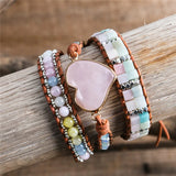 Leather Wrap Bracelet with Rose Quartz Beads