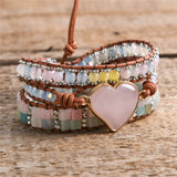 Leather Wrap Bracelet with Rose Quartz Beads