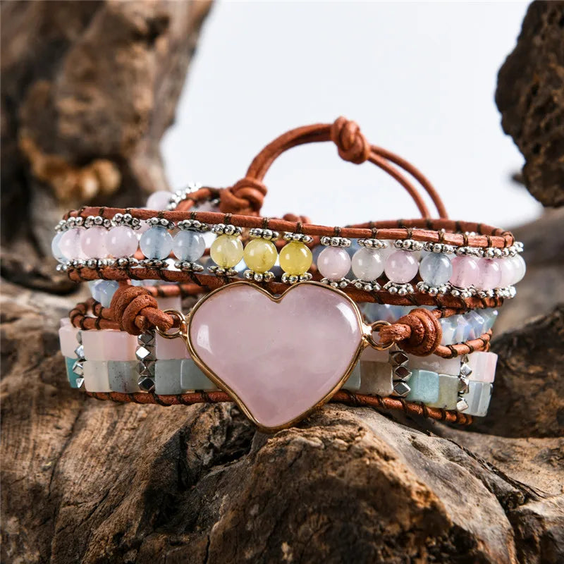 Leather Wrap Bracelet with Rose Quartz Beads