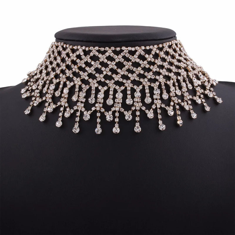 Multilayer Tassel Rhinestone Choker Statement Necklace Women Party Wedding