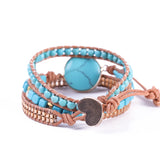 Multilayer Leather Wrap Bracelet with Turquoise Rhinestone Beads
