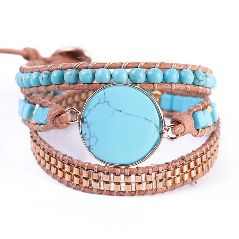 Multilayer Leather Wrap Bracelet with Turquoise Rhinestone Beads