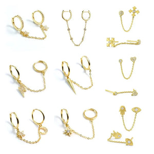 Zircon Double Hole Chain Hoop Earrings Moon Star Lightning Piercing Ear Ring