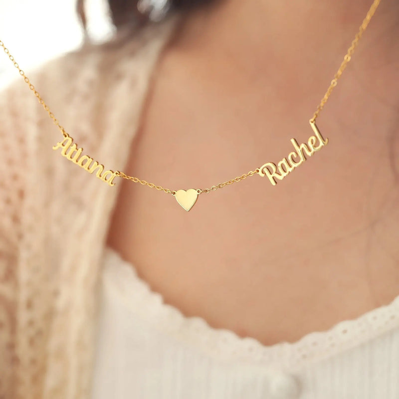Personalized Double Name Necklace with Heart, Custom Jewelry for Women