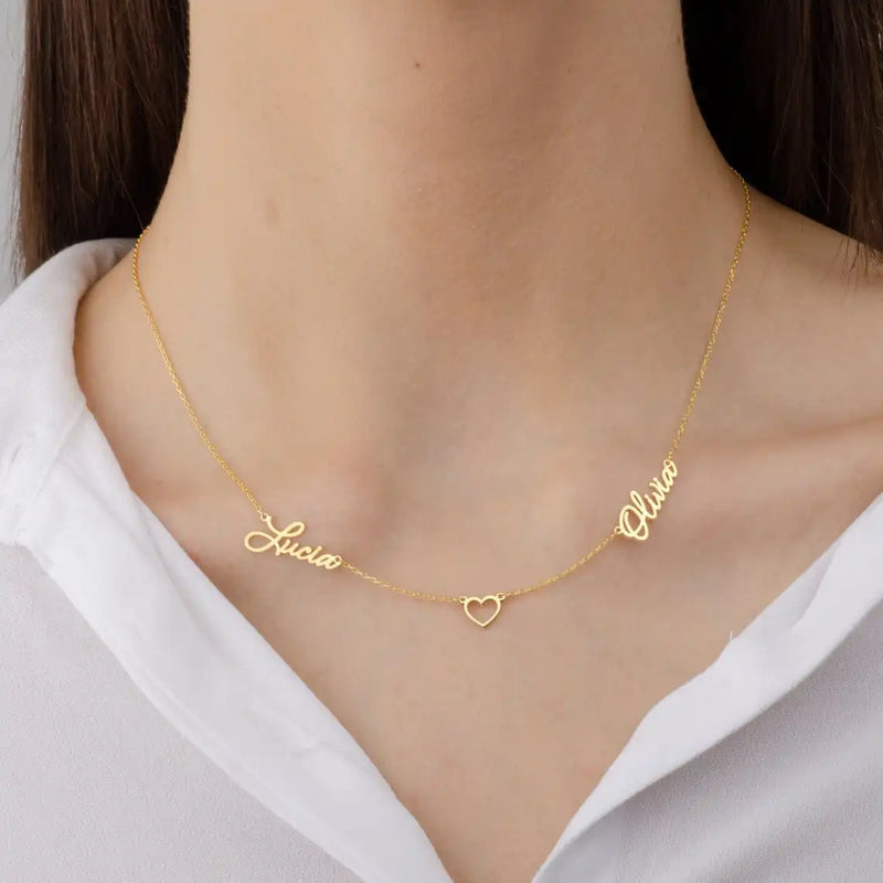 Kids Double Name Necklace with Heart Charms - Customized Family Mother Gift