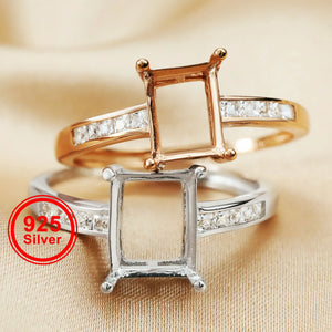 Rectangle Rose Silver CZ Stone Prong Bezel 925 Silver Adjustable Ring Setting