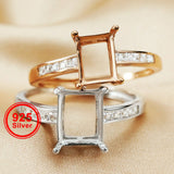 Rectangle Rose Silver CZ Stone Prong Bezel 925 Silver Adjustable Ring Setting