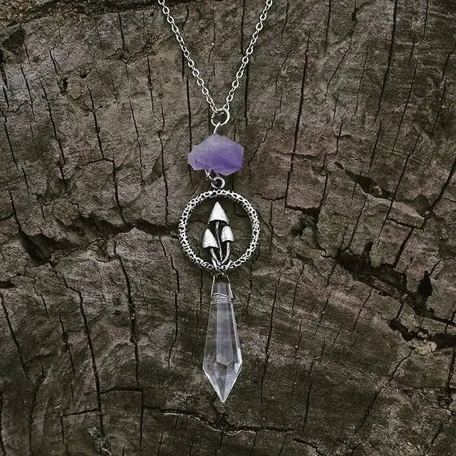 Mushrooms Necklace & Amethyst Crystal Stone