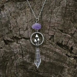 Mushrooms Necklace & Amethyst Crystal Stone