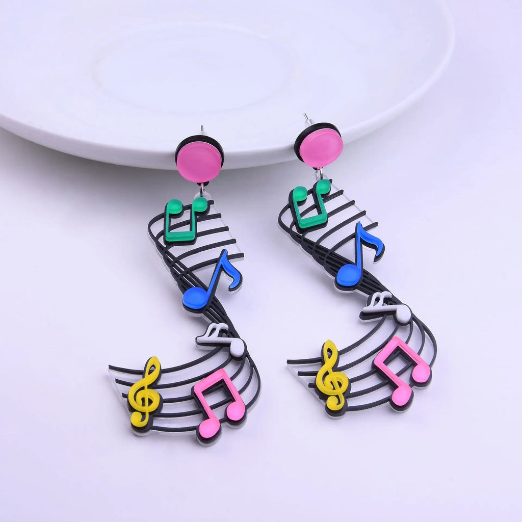 Music Acrylic Earrings For Women Heart Note Round Record