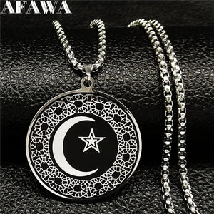 Muslim Star Crescent Moon Steel Necklace Men Islamic Talisman Pendant