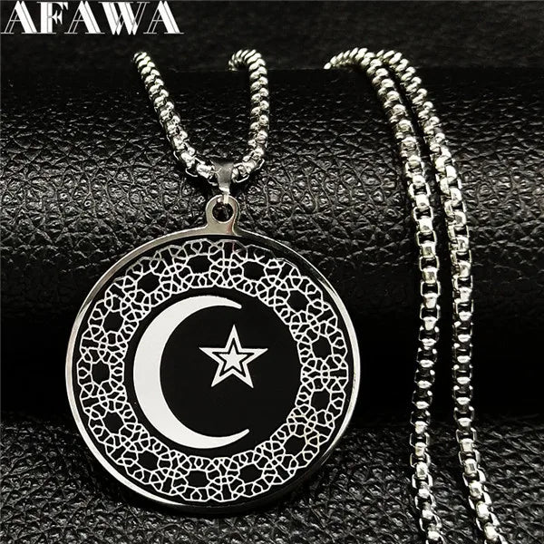 Muslim Star Crescent Moon Steel Necklace Men Islamic Talisman Pendant