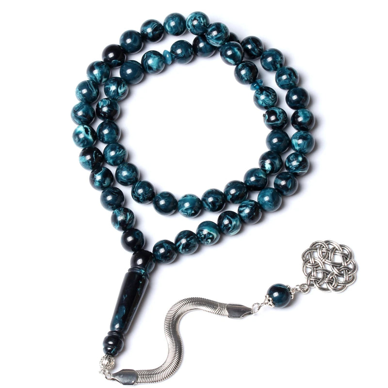 Muslim Tasbih Prayer Beads 10mm Amber Resin 51 Beads Silver Tassel Rosary