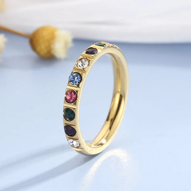 Multicolor Zircon Rings for Women Girl Silver Stainless Steel Ring