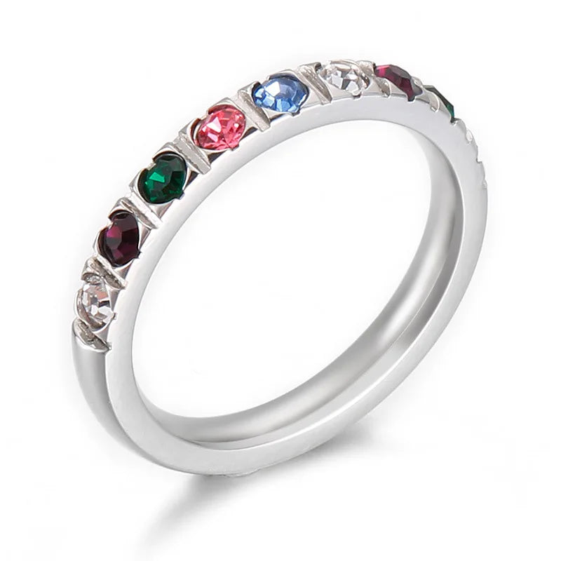 Multicolor Zircon Rings for Women Girl Silver Stainless Steel Ring