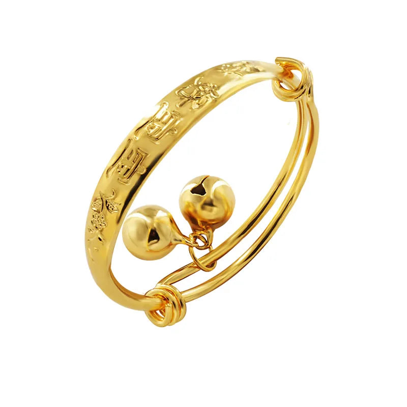 24K Pure Gold Bell Bangles Bracelets Baby Chinese Jewelry Boys Girls