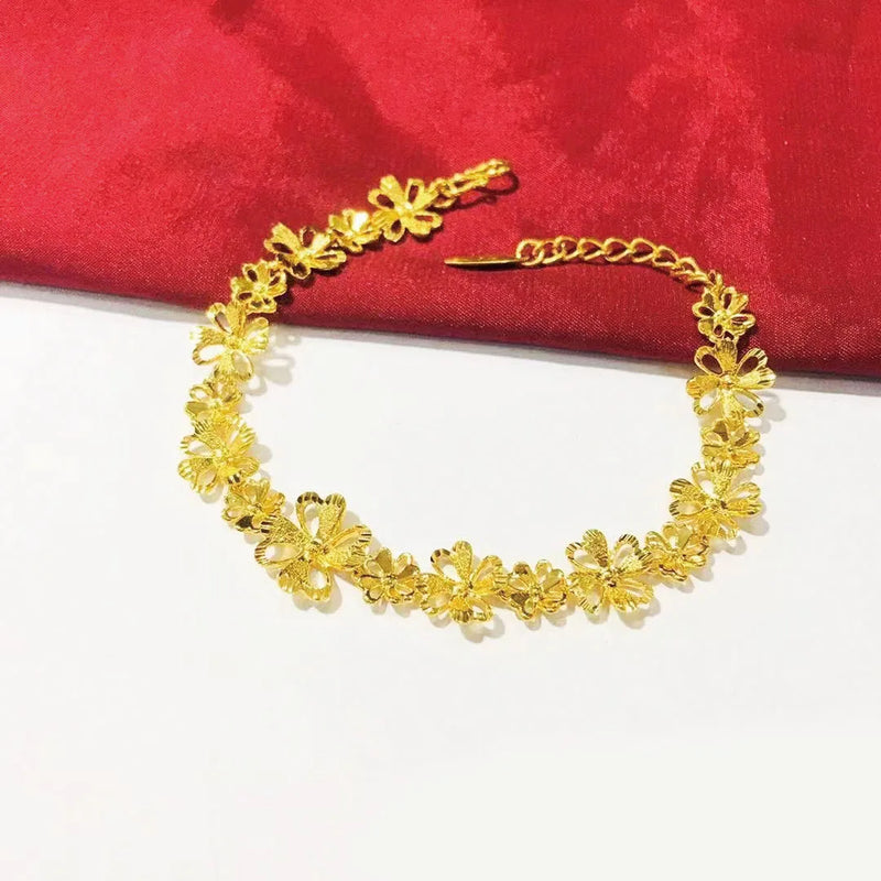 24K Pure Gold Flowers Chain Bracelet for Women Jewelry