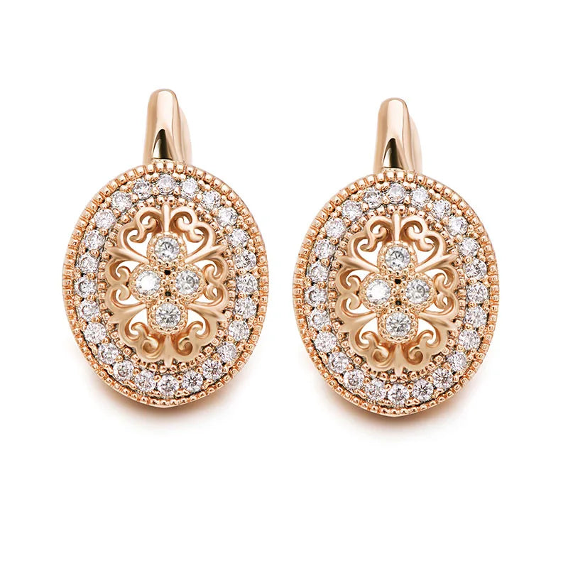 Zircon Hoop Earrings Hollow Flowers Pattern 18 k Good
