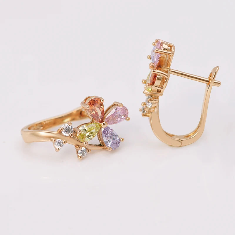 Multicolor Zircon Flowers Hoop Earrings 18k Jewelry