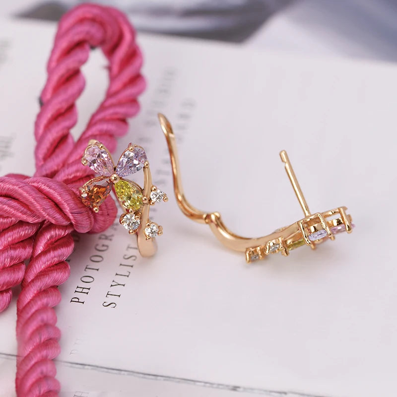 Multicolor Zircon Flowers Hoop Earrings 18k Jewelry