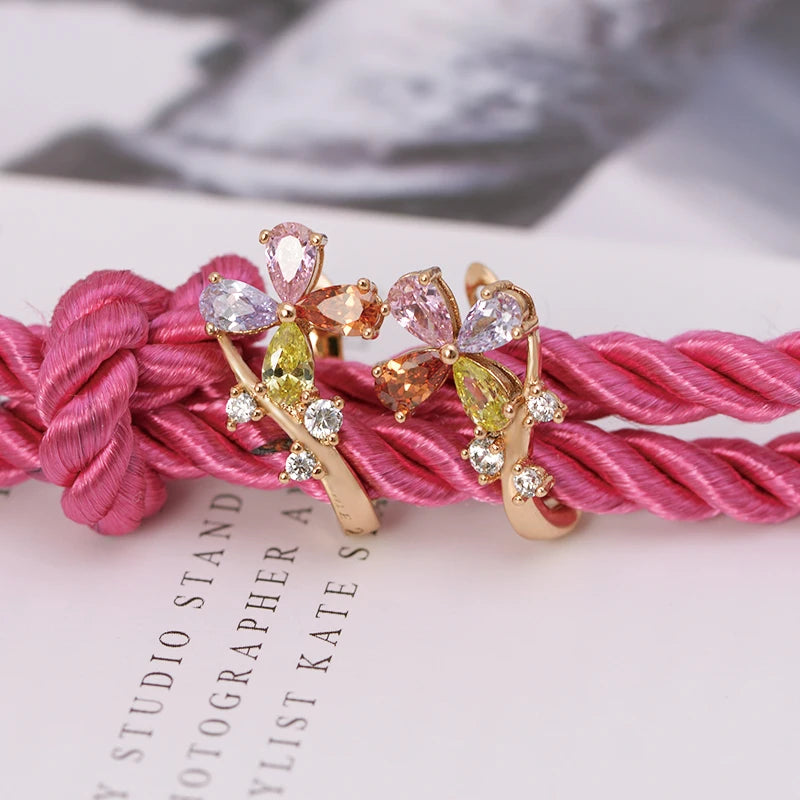 Multicolor Zircon Flowers Hoop Earrings 18k Jewelry