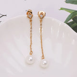 Long Pearl Earrings 18K Yellow Gold-Color