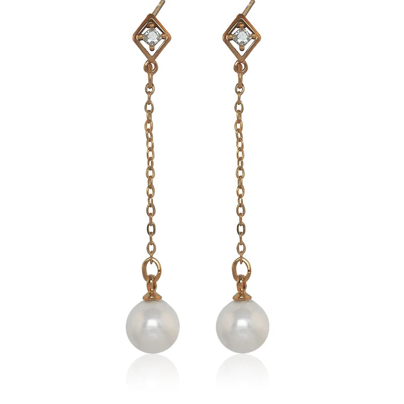 Long Pearl Earrings 18K Yellow Gold-Color