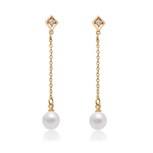 Long Pearl Earrings 18K Yellow Gold-Color
