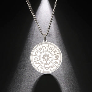 12 Constellation Zodiac Round Pendant Necklaces Stainless Steel Astrology Choker