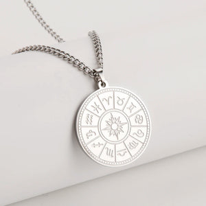 12 Constellation Zodiac Round Pendant Necklaces Stainless Steel Astrology Choker