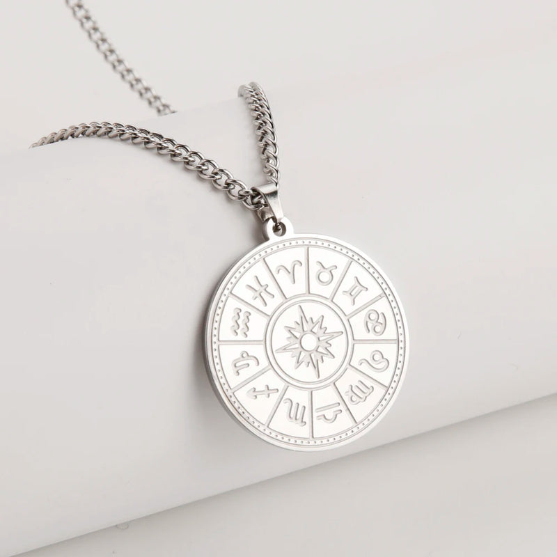 12 Constellation Zodiac Round Pendant Necklaces Stainless Steel Astrology Choker