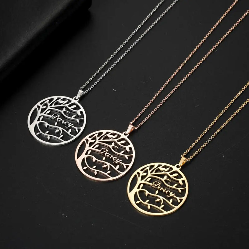 Tree of Life Necklace Personalized Family Name Round Pendant Gift