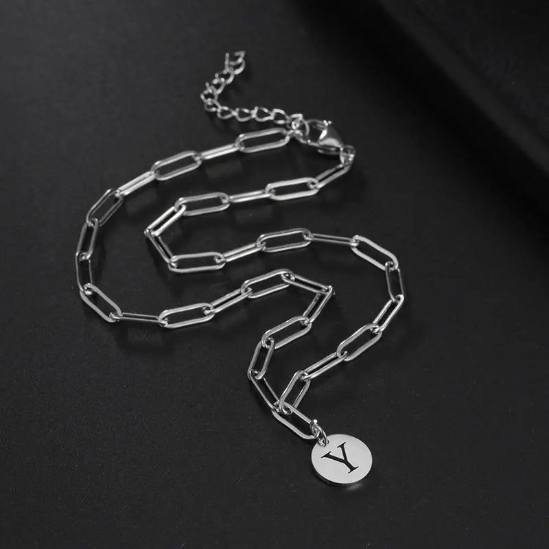 Shape Punk Round Plate Pendant Necklace Stainless Steel Paper Clip Chain