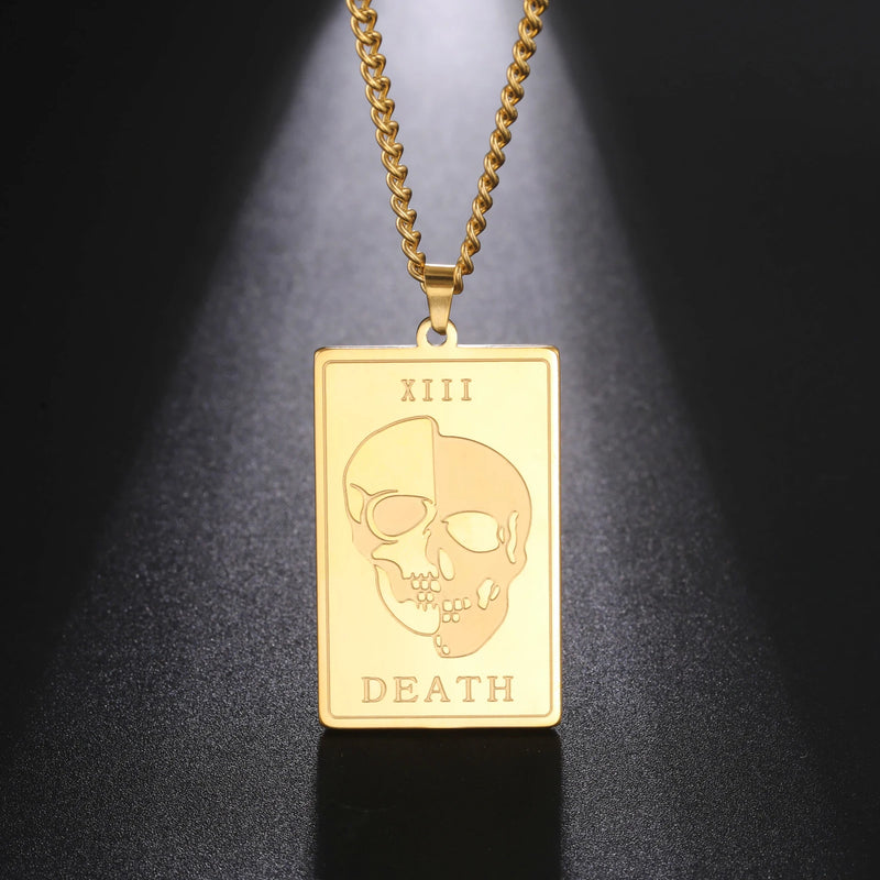 Shape Punk Skeleton Death Necklace Men Rectangle Tarot Pendant Necklaces