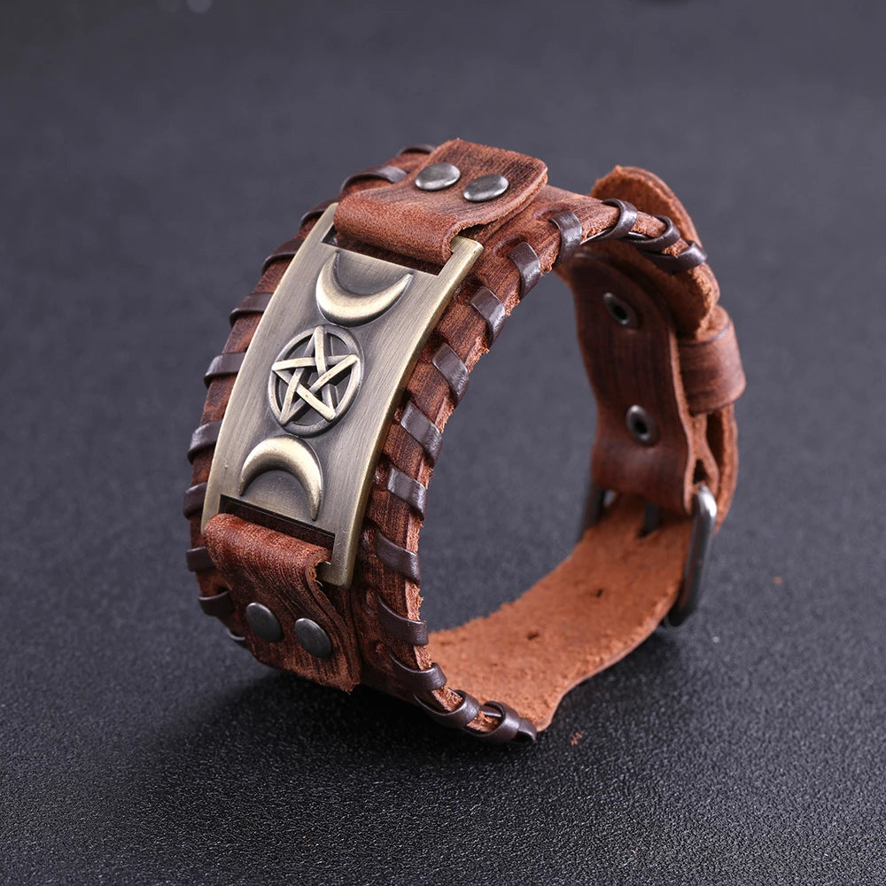 Triple Moon Goddess Pentagram Leather Bracelet