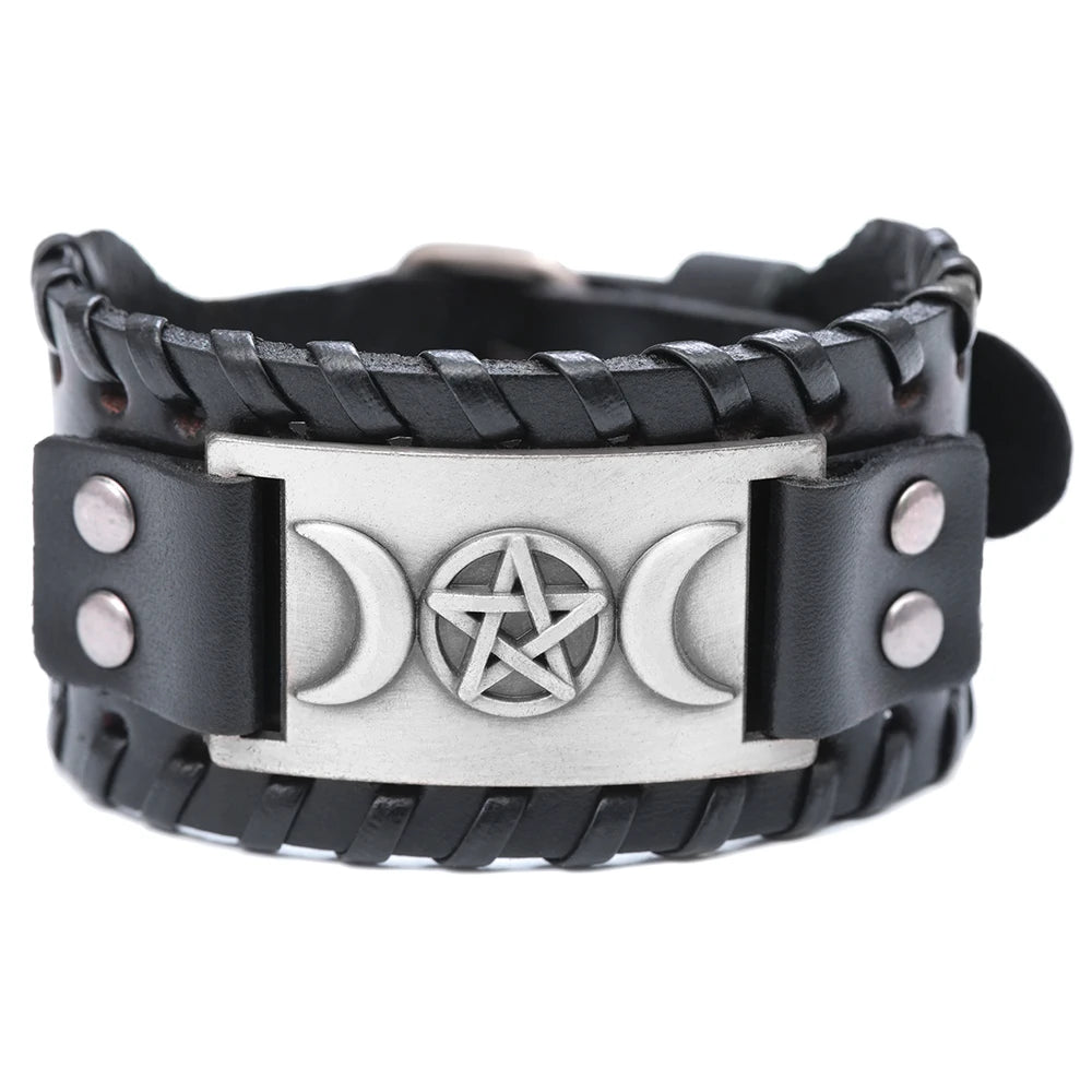 Triple Moon Goddess Pentagram Leather Bracelet
