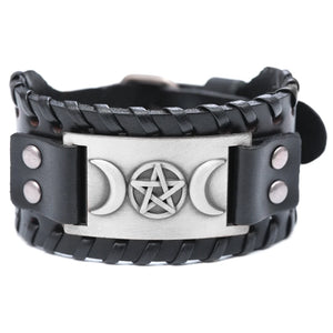 Triple Moon Goddess Pentagram Leather Bracelet